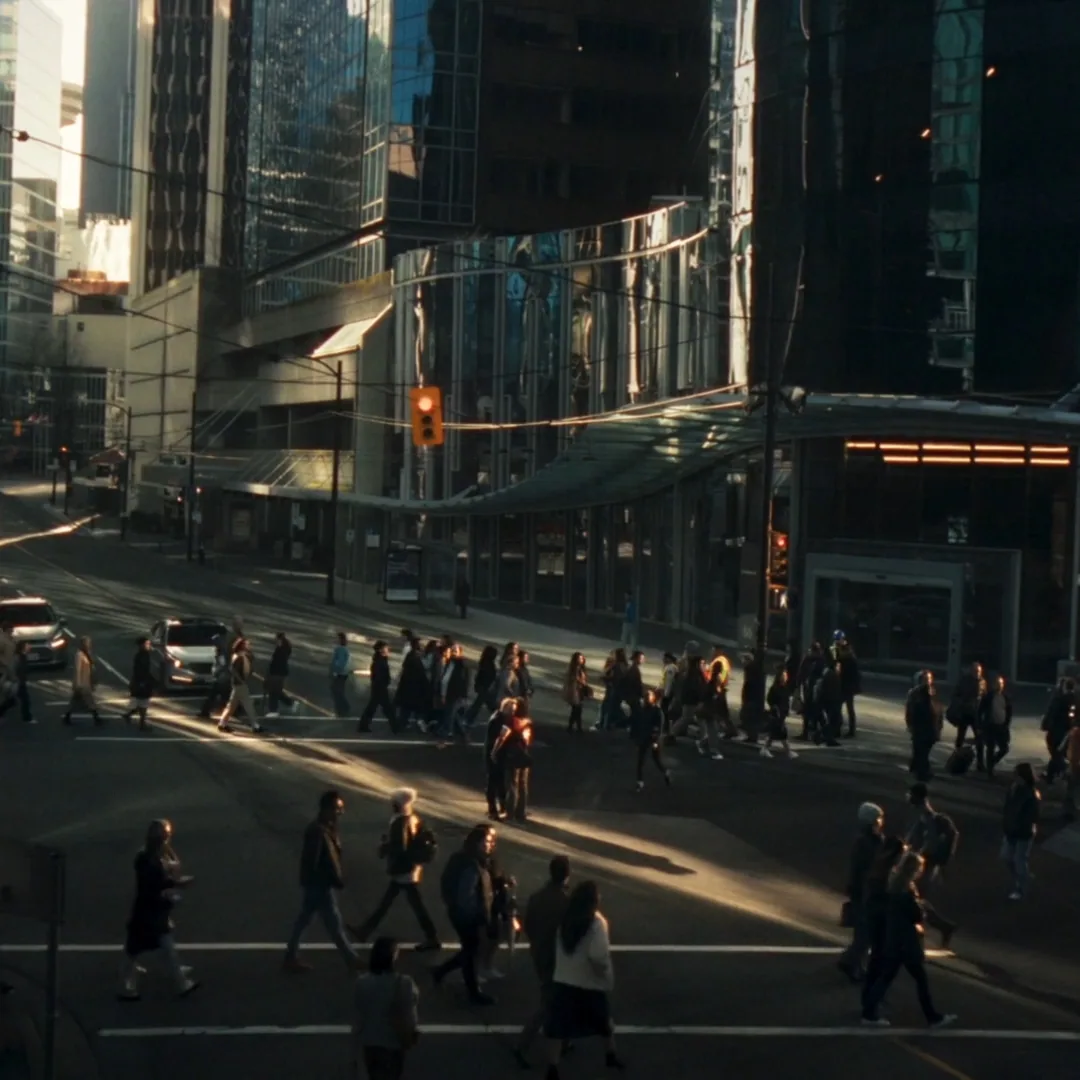 City street crossing at golden hour